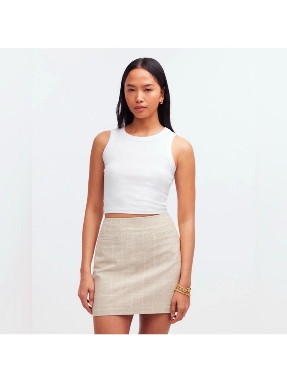 Madewell Sesame Beige Linen Blend Plaid Mini Skirt